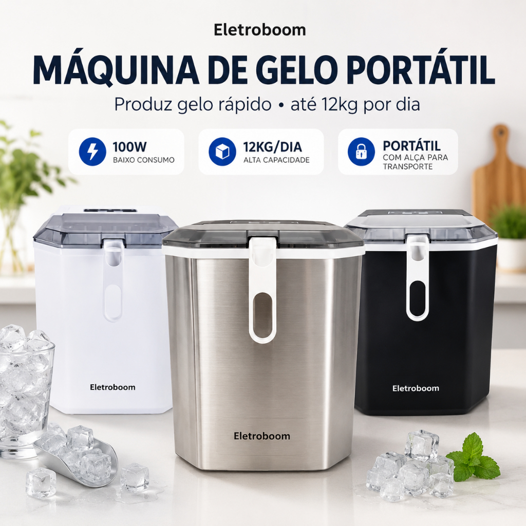Máquina de Gelo Portátil 12KG Inox Eletroboom 100W Produz Gelo Rápido e Até 12Kg Por Dia