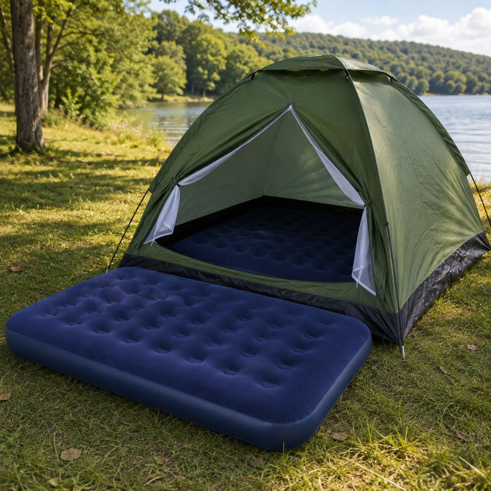 Barraca Camping 4 Lugares Verde Ômega Com Tela Mosquiteiro + Colchão Inflável Casal Térmico