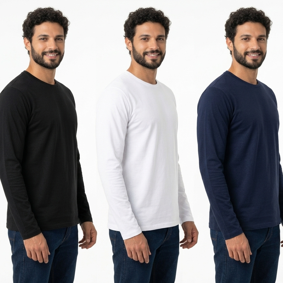 Kit 3 Camisa Masculina Manga Longa Gola Redonda Lisa 100% Algodão Malha Penteada Confortável Casual