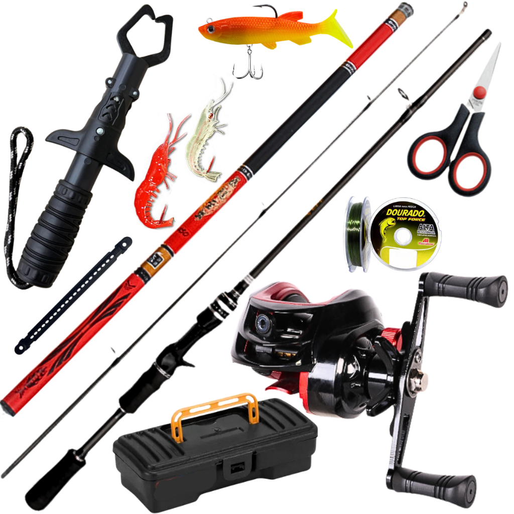 Carretilha De Pesca Anticabeleira Drag 10 kg Vara 1,65 Mão 3,60 Vara Carbono Isca Artificial Kit