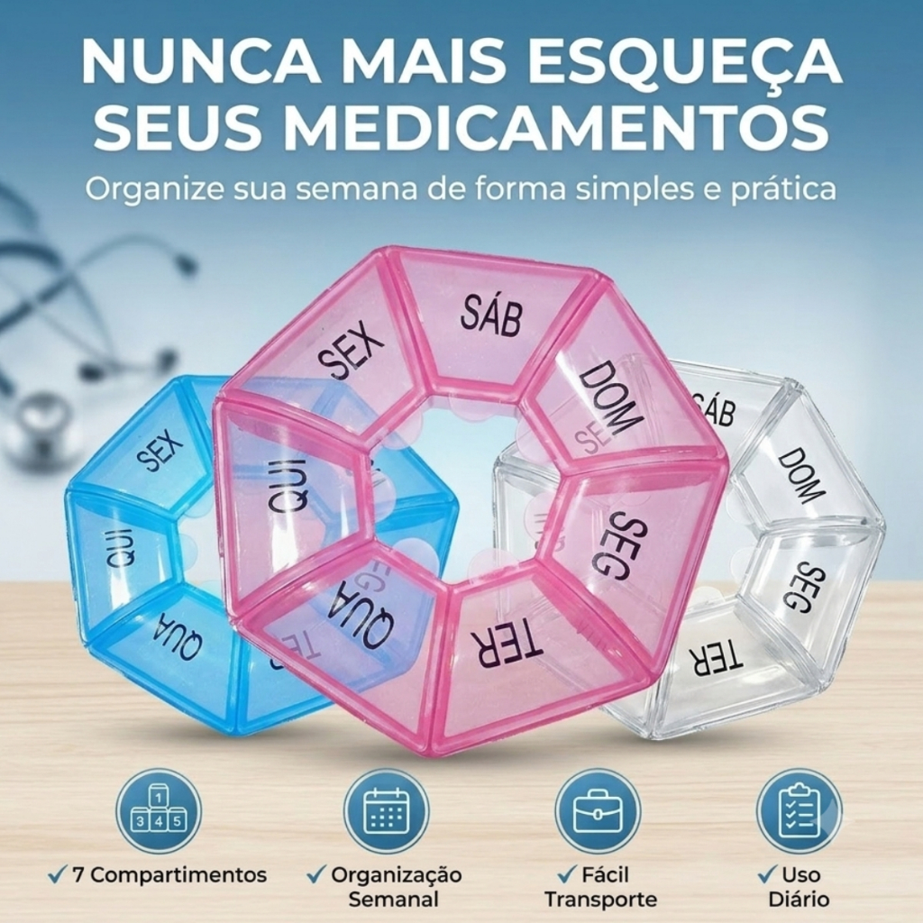 Porta Comprimidos Remédios Medicamentos Organizador Diário e Semanal Para Dia Noite 7 dias Compartimentos Kit