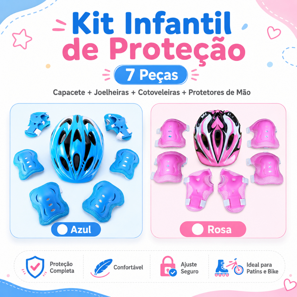 Kit Infantil Proteção Completo Capacete Joelheira Cotoveleira Munhequeira Bicicleta Patins Skate