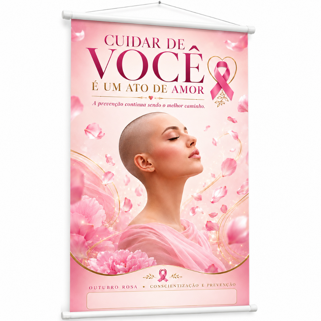 Banner Outubro Rosa Prevenção Câncer De Mama produzido em lona. Cartaz Conscientização Empresa Escola Hospital Pub1102