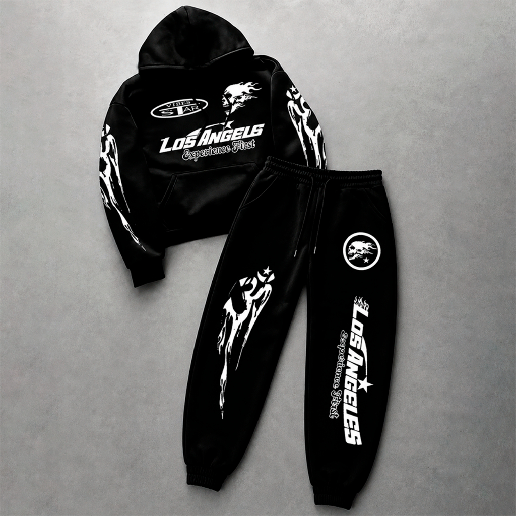 Conjunto Moletom Blusa De Frio + Calça Abrigo Modelo Canguru com Cordinha Streetwear Los Angeles Estampado
