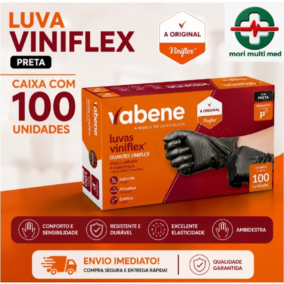 Luva Viniflex Preta Descartável Vabene Tamanhos P, M e G Caixa com 100 unidades