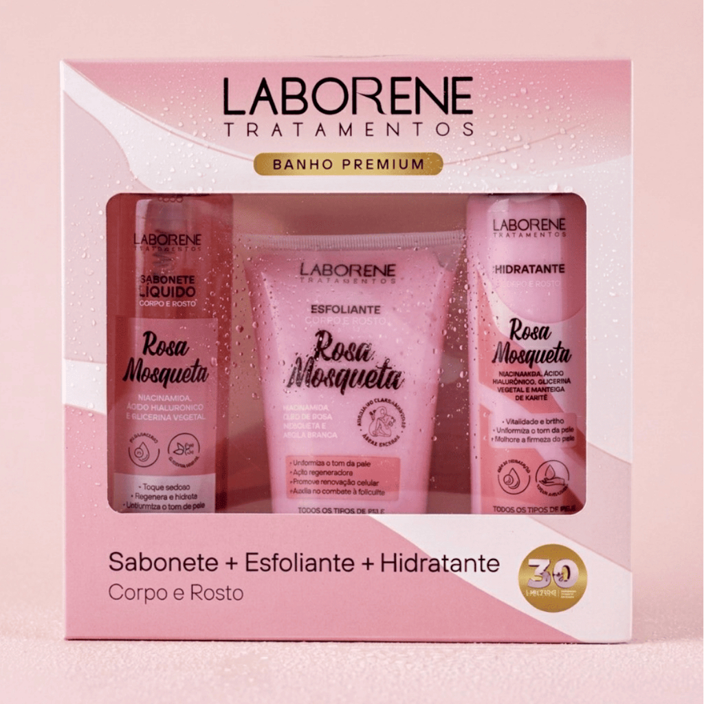 Kit Banho Premium Rosa Mosqueta Corpo e Rosto Sabonete 200ml, Esfoliante 170g e Hidratante 200ml