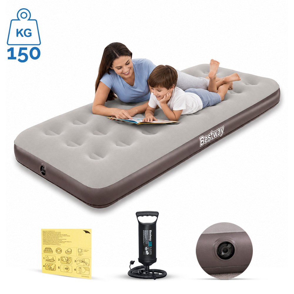 Colchão Inflável Bege Solteiro Suporta Até 150kg Camping Praia + Bomba de Ar Manual Bestway