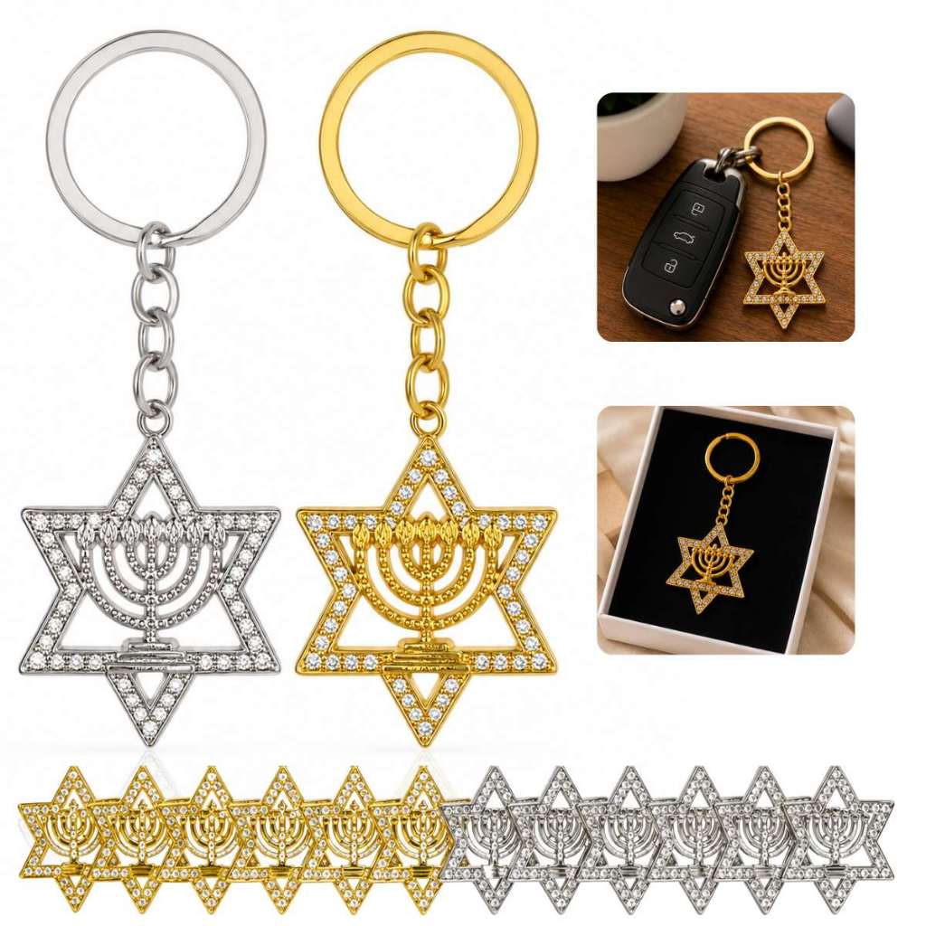 Kit 12 Chaveiros Estrela de Davi Menorá de Metal com Brilho Judaismo