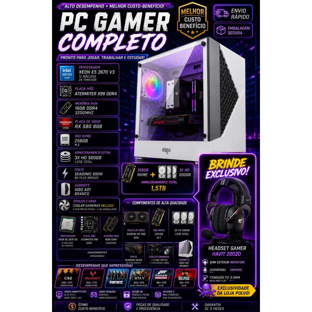 🔥 PC Gamer RX 580 8GB + SSD NVMe 256GB + 1,5TB HD | Roda GTA V, Fortnite e Valorant