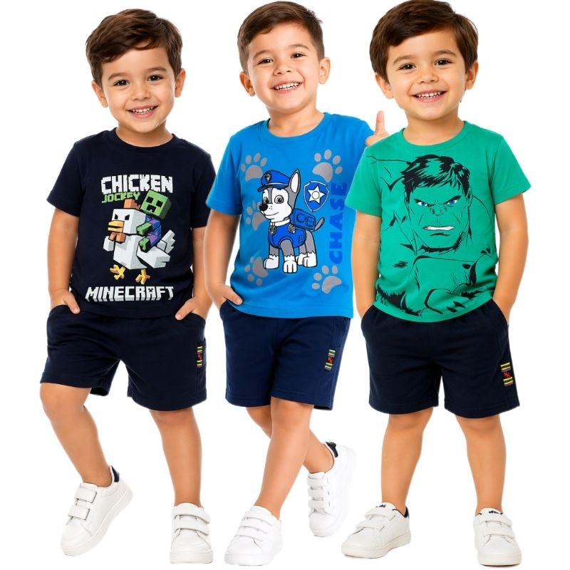 Conjunto Infantil Menino Bermuda e Camiseta Masculina Personagens Algodão Premium