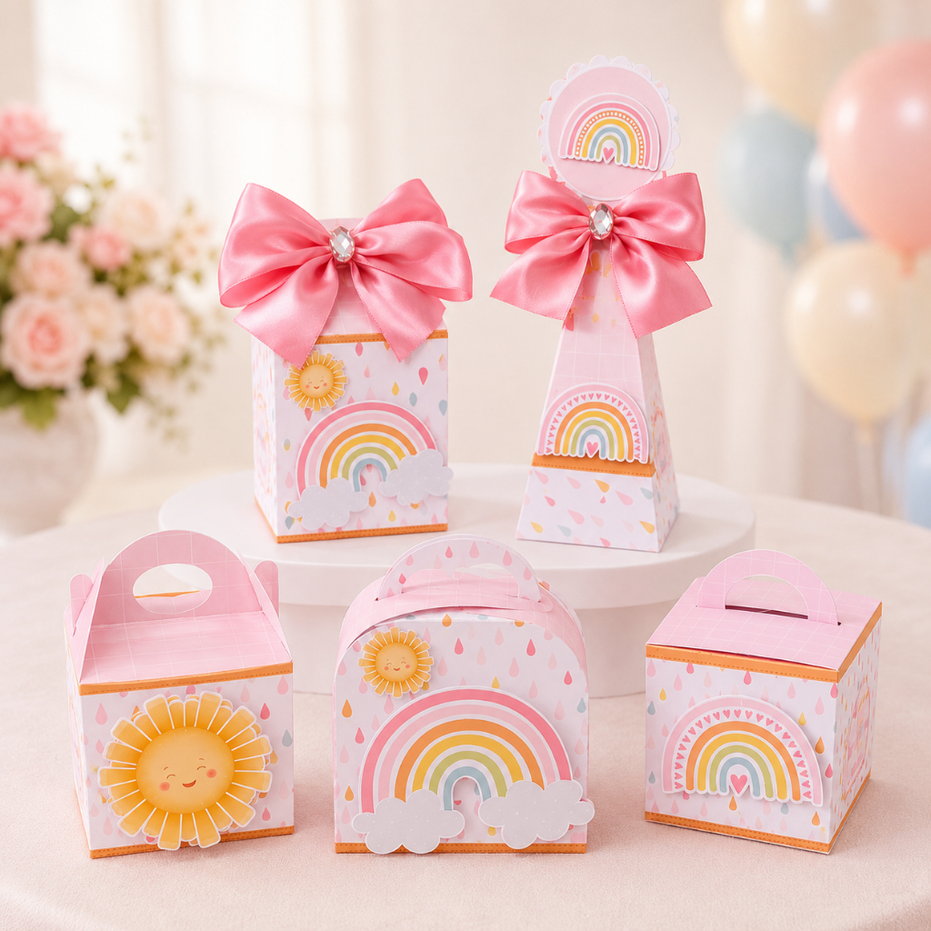 Kit Festa Caixinhas Nosso Raio de Sol menina , Arco íris,  365 Voltas ao Sol Lembrancinha