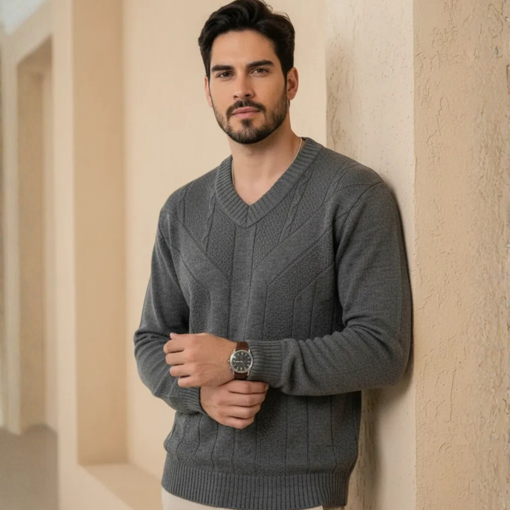 Blusa de Frio Masculina Manga Longa Tricot Gola V Inverno Luxo Tendência Elegante Básico Moderno