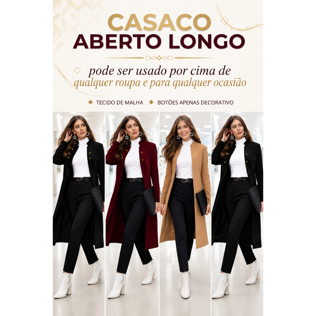 Vestido Aberto estilo Sobretudo casaco longo Social Casaco Sobretudo Comprido Aberto com bolsos