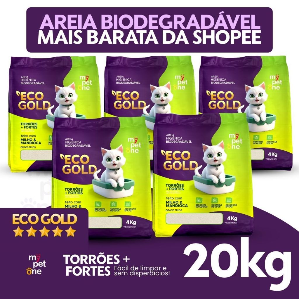 Kit 5 Areia Eco Gold Biodegradável Fina MyPetOne 4Kg