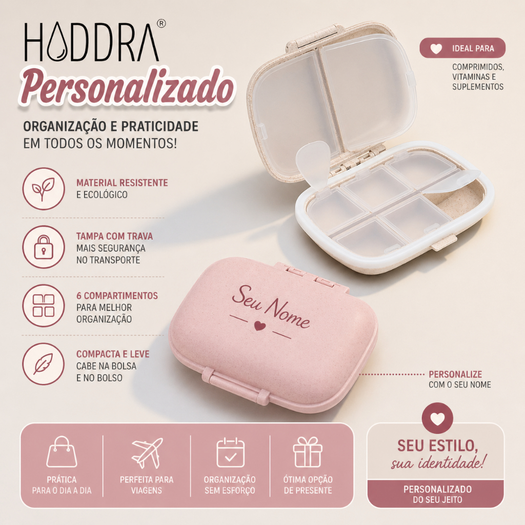 Porta Comprimidos Personalizado COM SEU NOME Prático com 8 Divisórias de Compartimentos Organizador