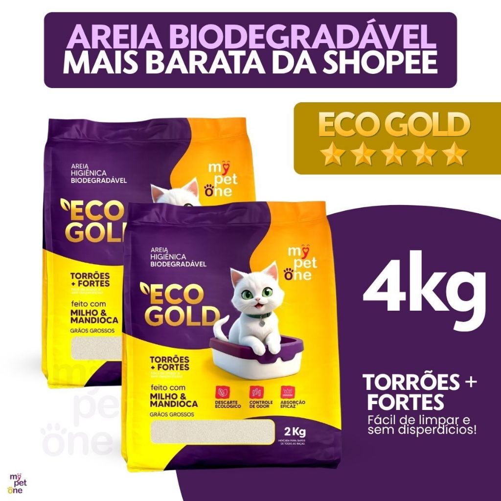 2 Areia Biodegradável Gatos Eco Gold Grossa MyPetOne 4kg