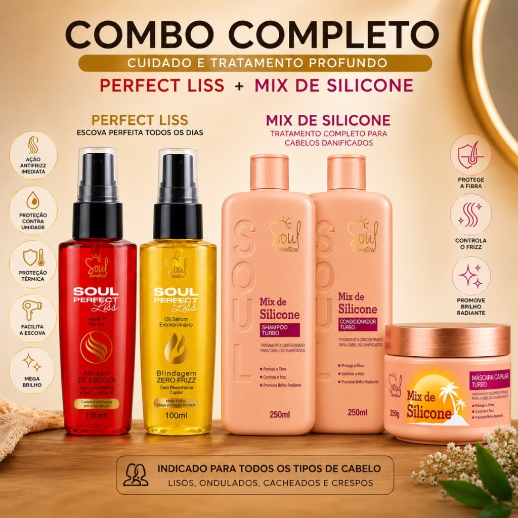 KIT COMBO 5 ITENS CAPILAR MIX DE SILICONE 3 ITEN 250ML CADA+OLEO SERUN 2 ITENS 100ML CADA ZERO FRIZZ hidratação PROFUNDA