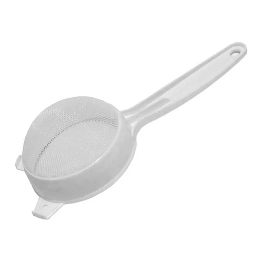 Kit 2 Peneira De Plástico Com Apoio Suporte E Cabo Tela Grossa 16cm Poliéster Multiuso Cozinha Confeitaria