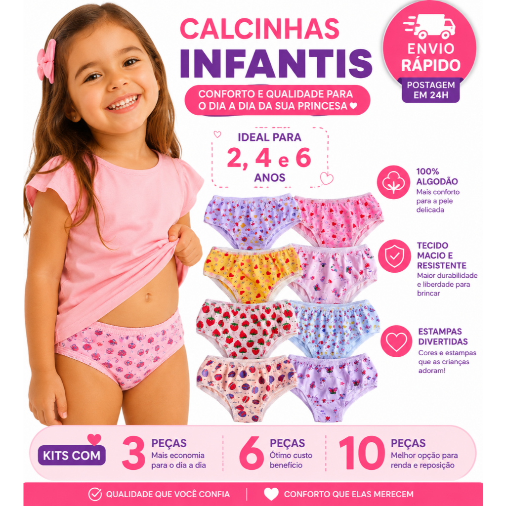 Kit 3 Calcinhas Infantis Menina - Calcinha Menina - Calcinha Criança - Calcinha Infantil - Moda Intima Infantil