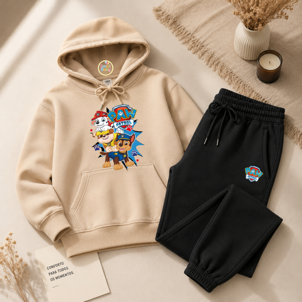 Conjunto Infantil Blusa Moletom Canguru Flanelado e Calça Moletom Patrulha Canina Desenho Estampado