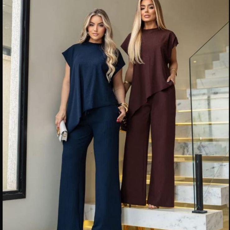 Conjunto Feminino Pantalona Canelado Premium Blusa Assimétrica Elegante Moda Evangélica Plus Size