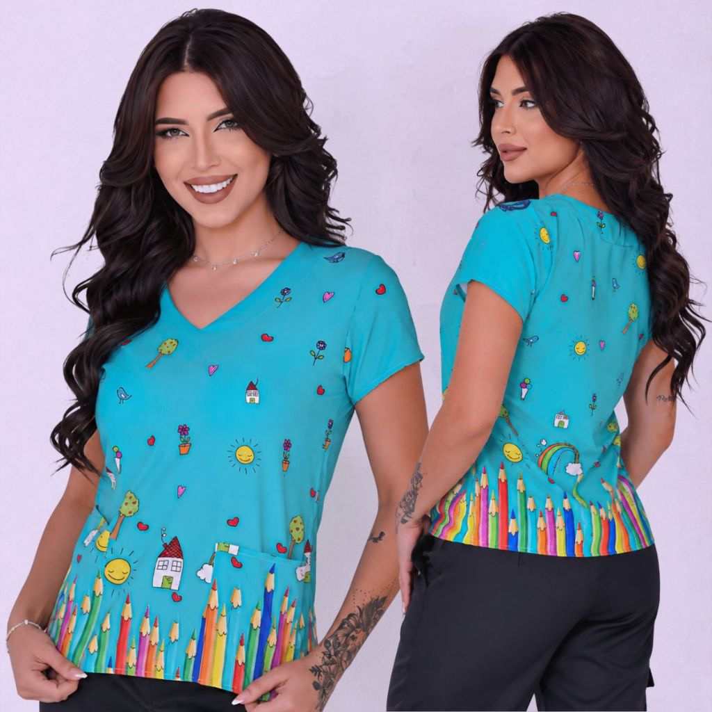 Scrub Blusa Feminina Uniforme Profissional Pijama Oxford Estampado Manga Curta Educação