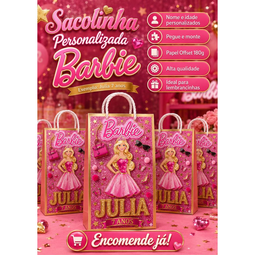 Sacolinha Personalizada Barbie Tamanho M - Lembrancinha aniversário infantil 10x20x40 unidades
