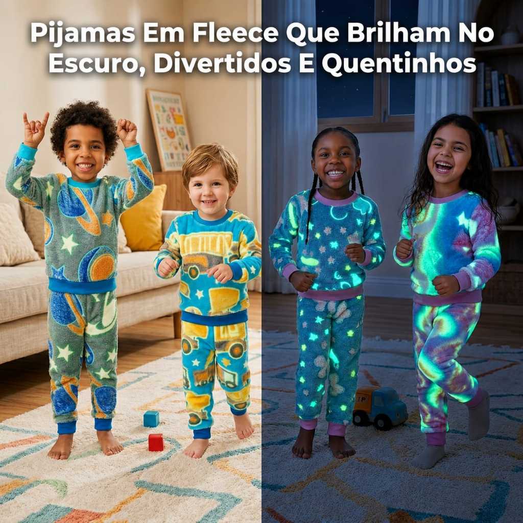 Conjunto Fleece Pijama Infantil Peluciado Quentinho Confortável Inverno Brilha no Escuro Menino Menina 2,4e6 anos