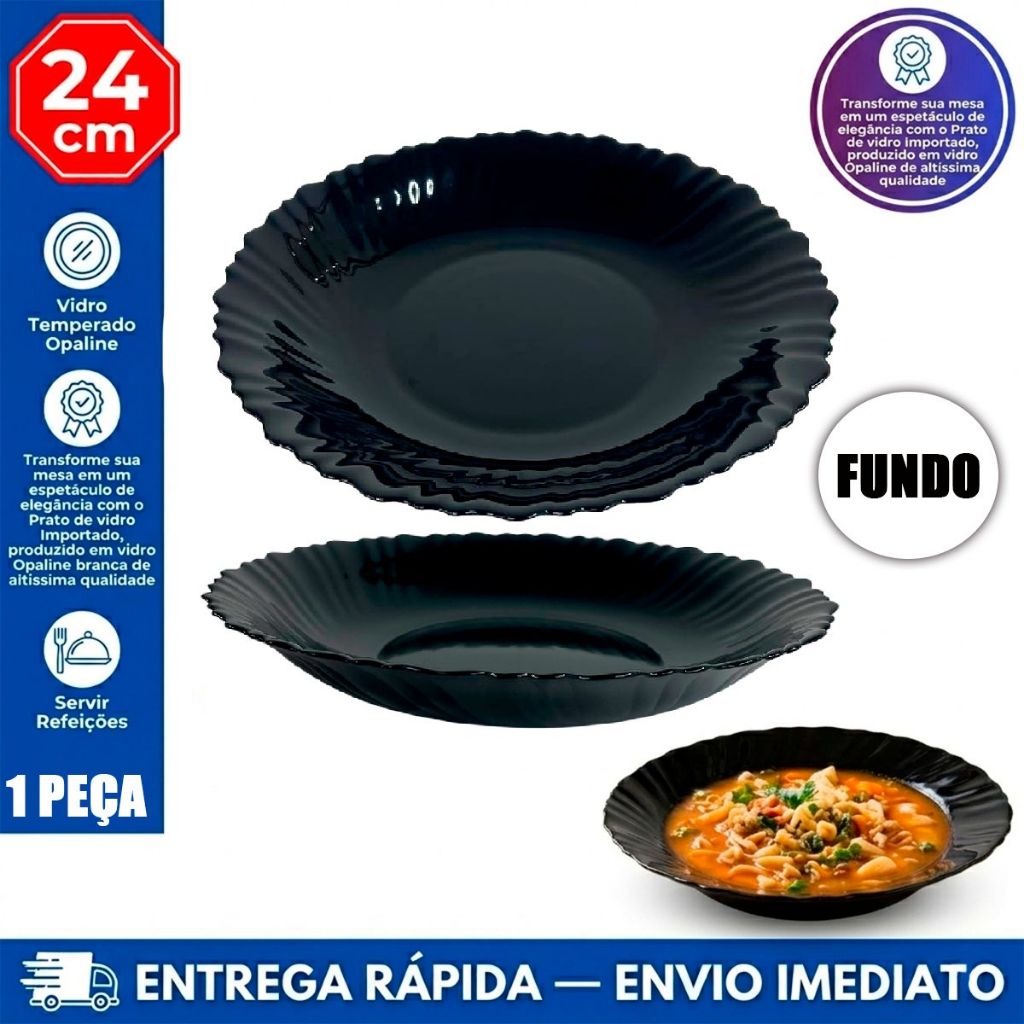 Prato Fundo vidro trabalhado opaline preto black 24cm importado de Reposição