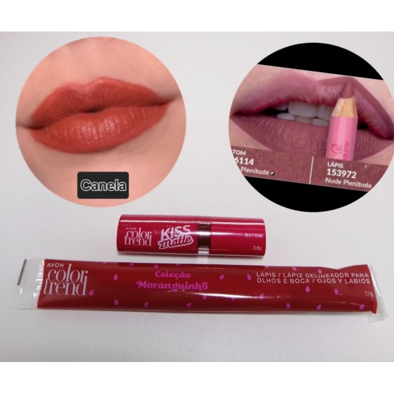 kit Combo 01 Batom Matte Cor Canela 01 Lápis Delinear Boca e Olhos Cor Nude Plenitude Avon Color Tend