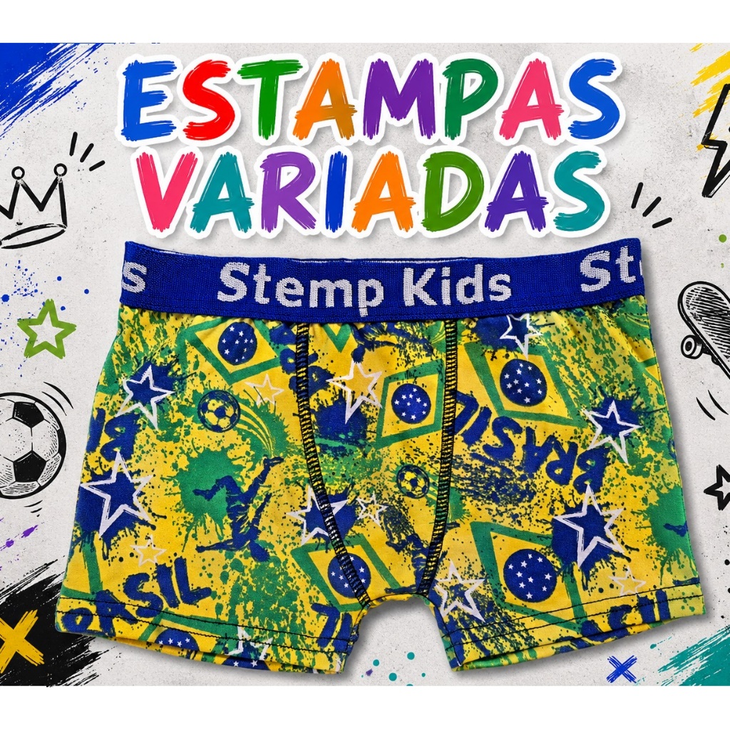 Kit com 12 Cuecas Boxer Infantil em Microfibra Estampada Cueca Box Infanto com Elástico Exposto para Meninos.