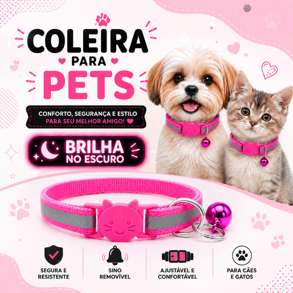Coleira Para Gatos e Cachorros Cães Refletiva Animais com Sino Cão Cor Pink