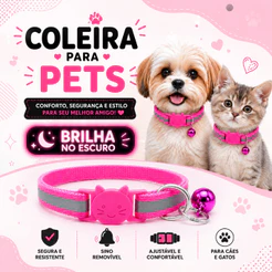 Coleira Para Gatos e Cachorros Cães Refletiva Animais com Sino Cão Cor Pink