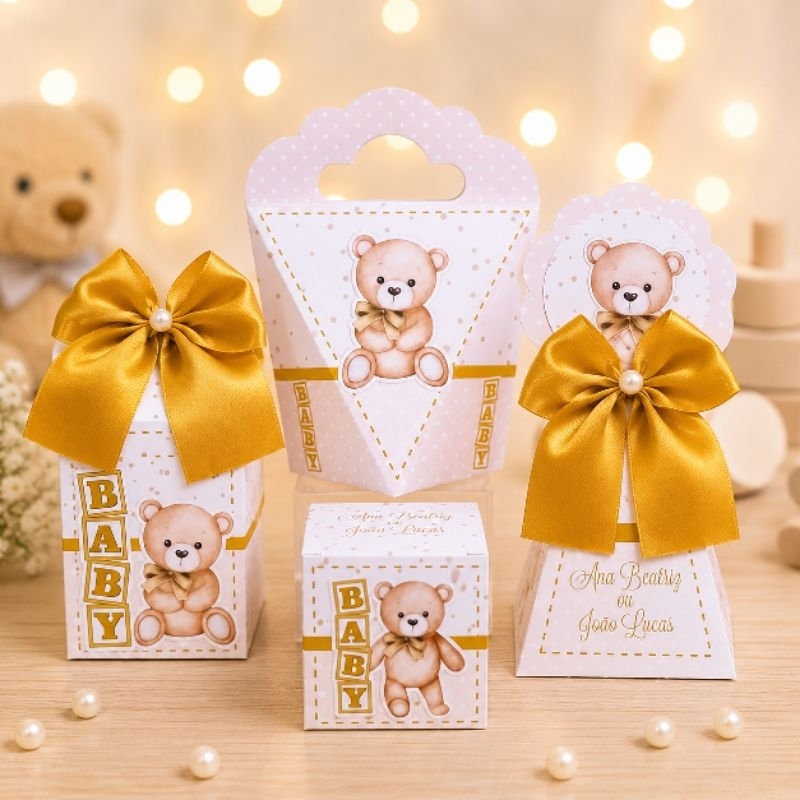 PEGUE E MONTE- Kit Festa Ursinho Dourado - Chá Revelação Personalizado - Lembrancinha de Festa - Aniversário - Decoração