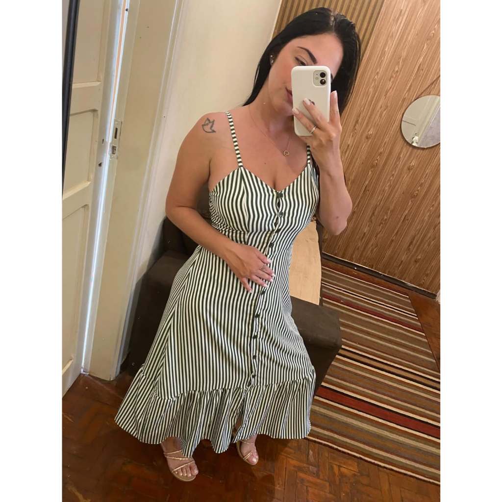 Vestido Midi Feminino  Listrado em tecido Crepinho Premium com babado e forrado e Alcinhas Ajustáveis