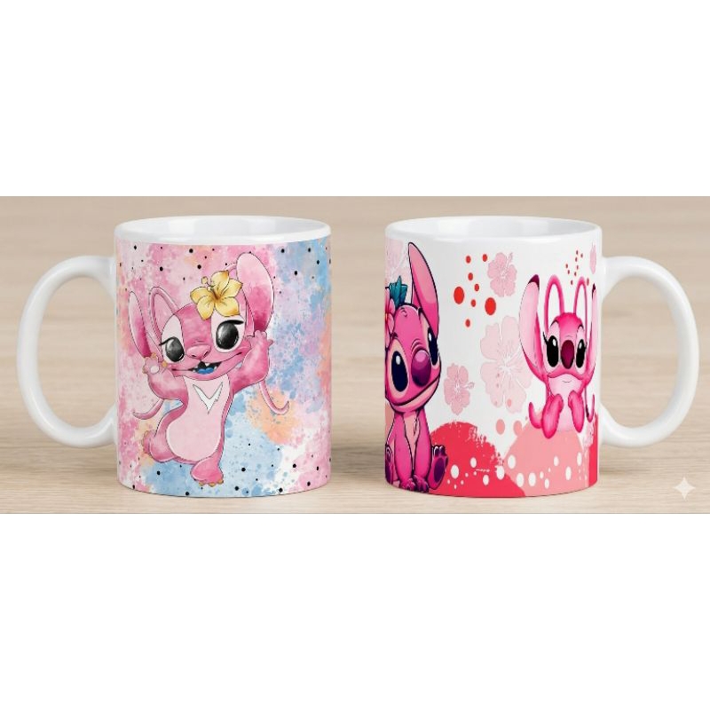 Caneca Angel Rosa 325ml Cerâmica Branca Stitch Rosa Presente Fofo Decorativa