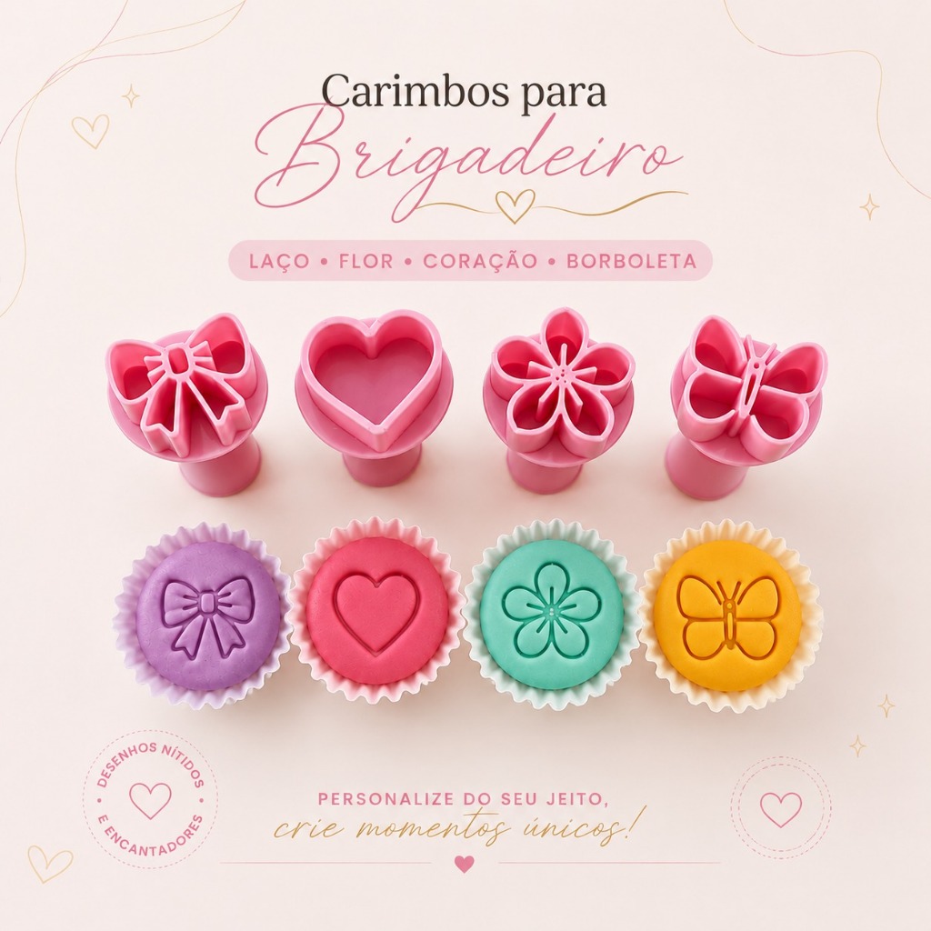 Laço Coração Borboleta e Flor Kit 4 PÇS Carimbos para Brigadeiro Impressão 3D Decoração Docinho Doces Gourmet