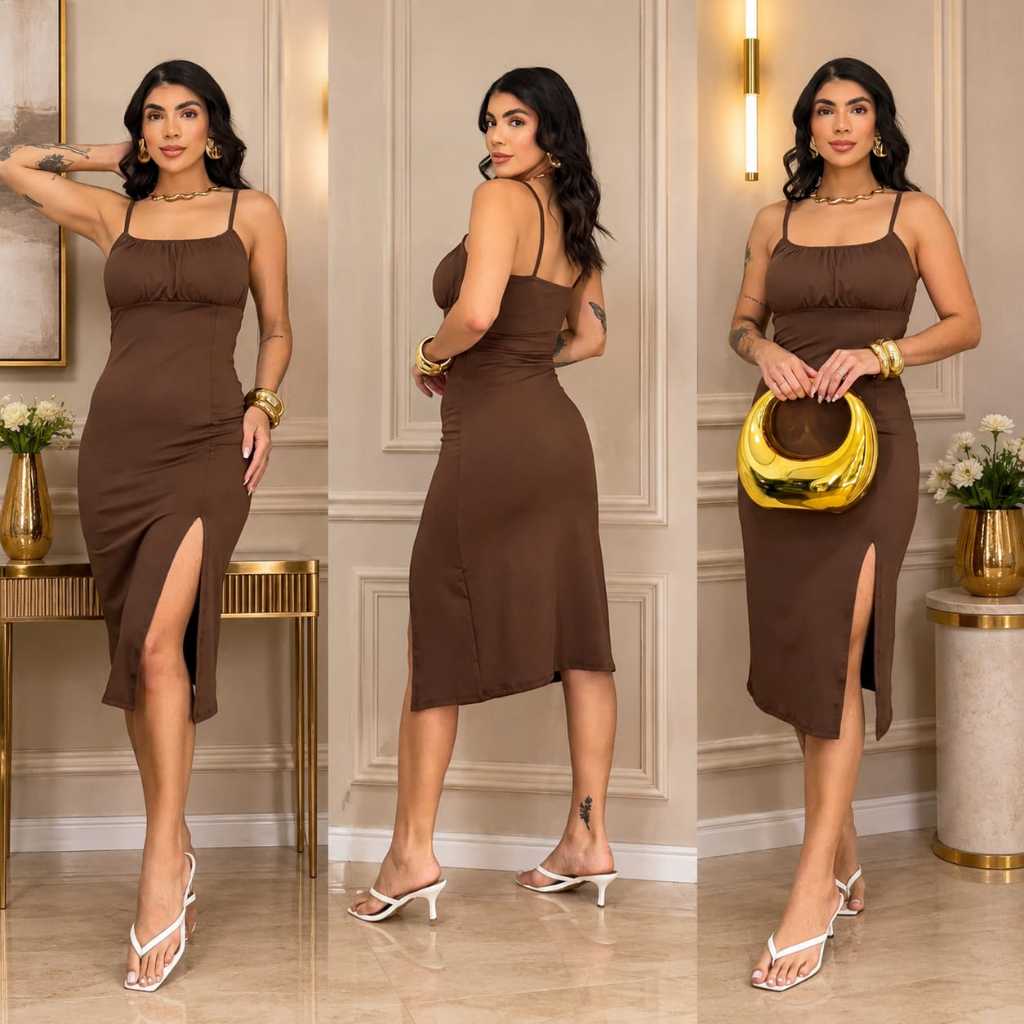 Vestido Femenino Midi suplex  leve  con fenda  Lançamento -Varias Cores de Inverno FENDA