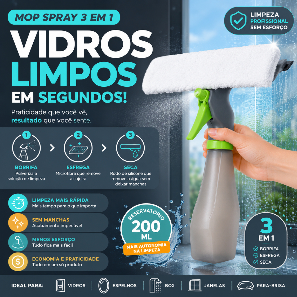 Rodo Mop Spray Limpa Vidro 3 em 1 200ml Borrifa Limpa e Seca Limpador de Vidros com Reservatório -CH