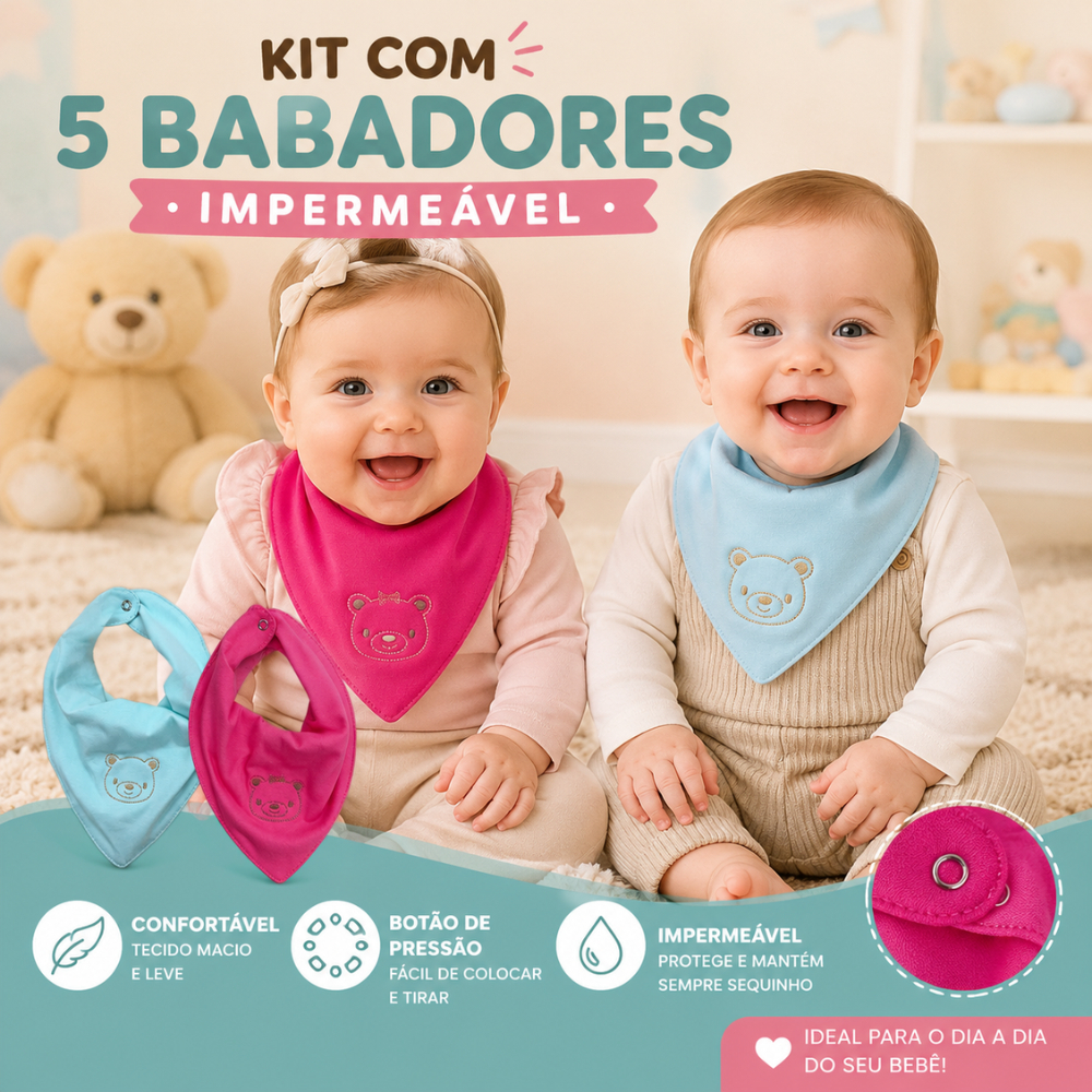 Kit 5 babador bandana impermeável de malha 100% algodão tripla camada cores sortidas