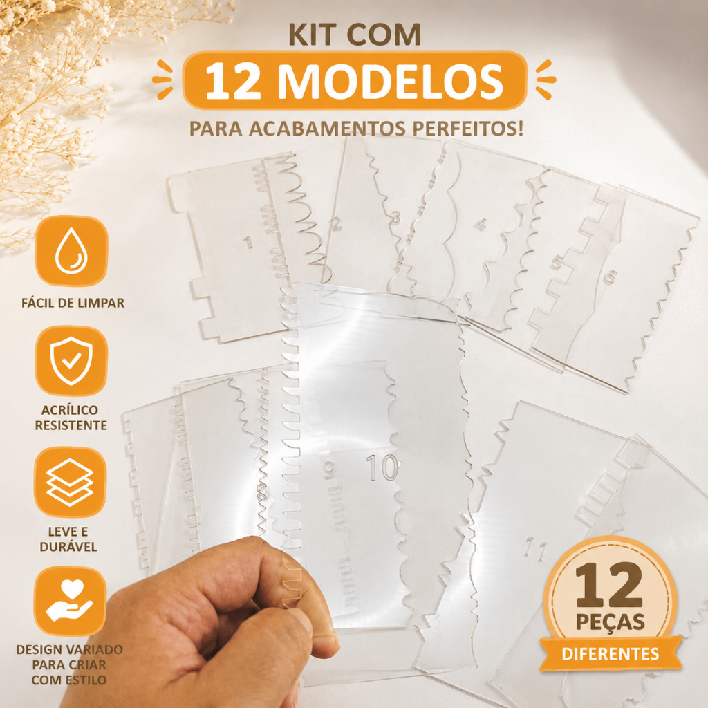 Kit Espátulas de Bolo em Acrílico 12 Unidades Alisadora Em Acrilico Confeitaria, Decoração, Texturas
