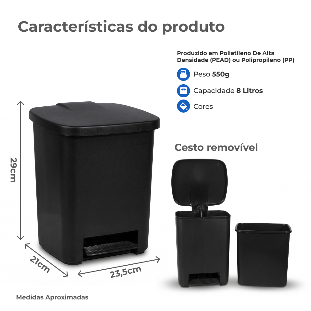 Kit 2 Lixeiras 15L c/ Pedal e Cesto Removível Compacta Resistente Lixo Multiuso Casa Cozinha Banheiro — imagem 2 de 2