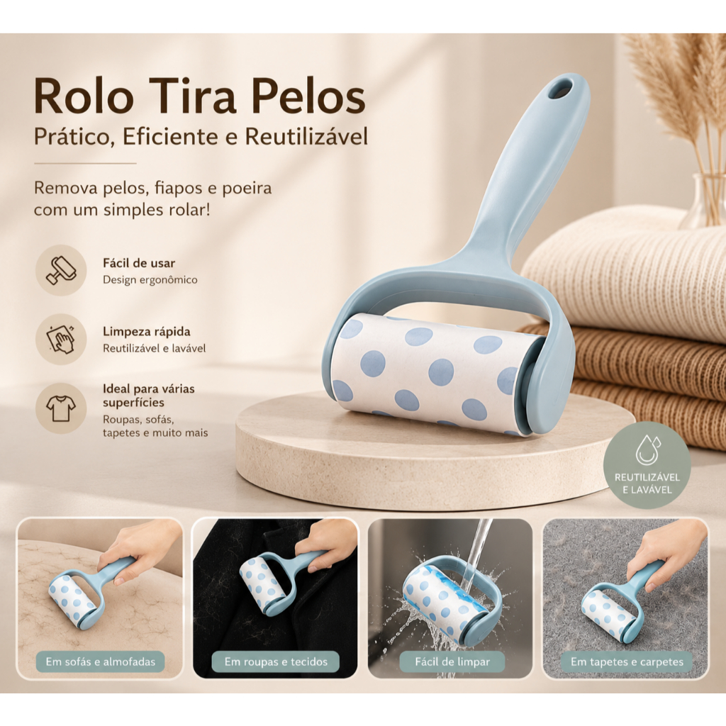 Rolo Tira Pelos Reutilizável Lavável para Sofá, Roupas e Tapetes | Removedor de Pelos de Pets