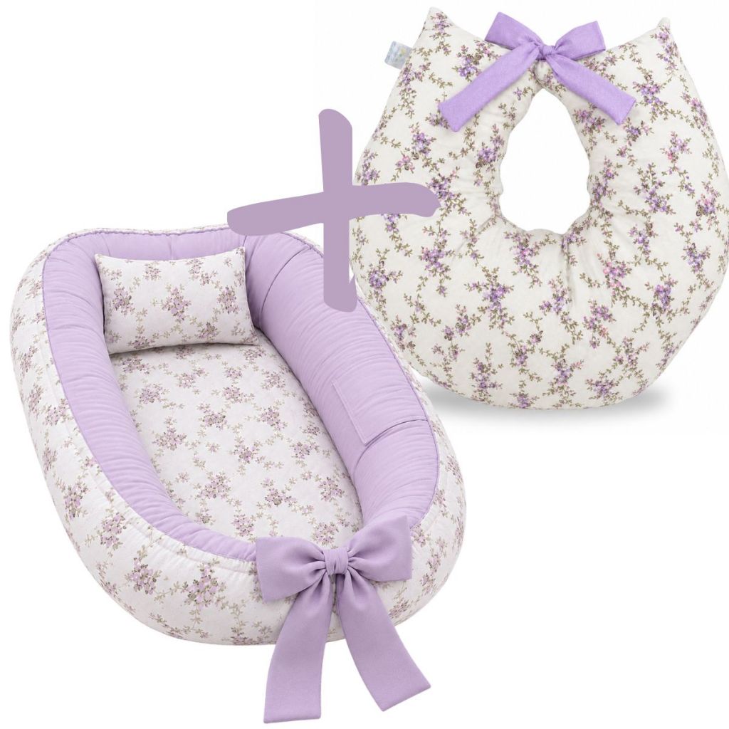 Ninho Redutor de Berço Bebe Almofada Amamentação Kit 2 Peças Enxoval Menina Flores Lilás