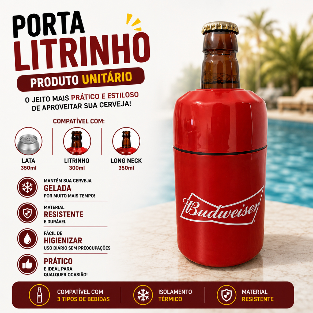 Porta Lata 3x1 Suporte Cerveja Térmico Long Neck Litrinho Budweiser 300ml