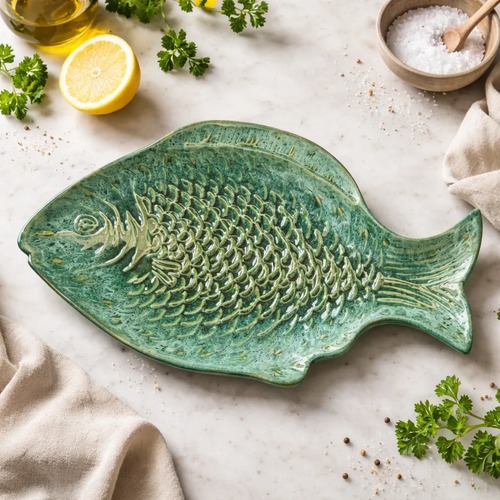 Travessa Peixe Petisco  em cerâmica esmaltada verde mesclado