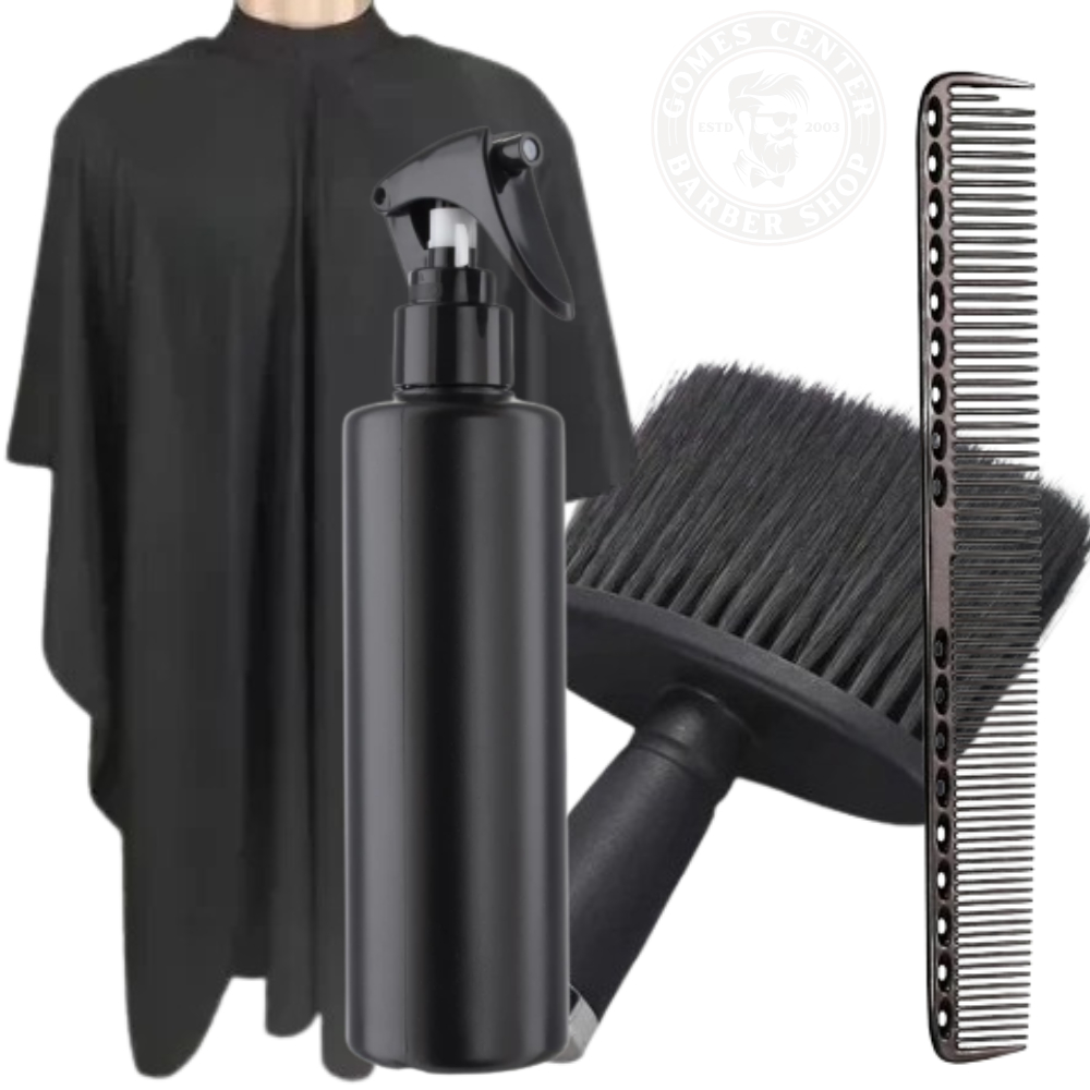 Kit Barbeiro Profissional Completo – Capa de Corte + Borrifador + Espanador Macio + Pente Carbono