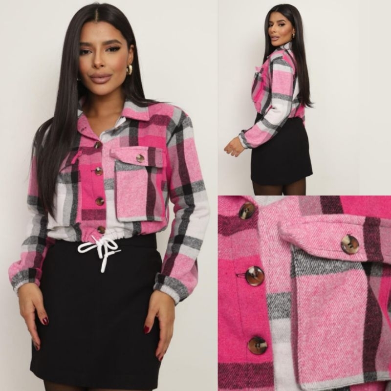 Casaquinho Xadrez Curto Kaylane Camisa Flanelada Feminina LA BÃTIDA com Bolsos e Cordão Cropped