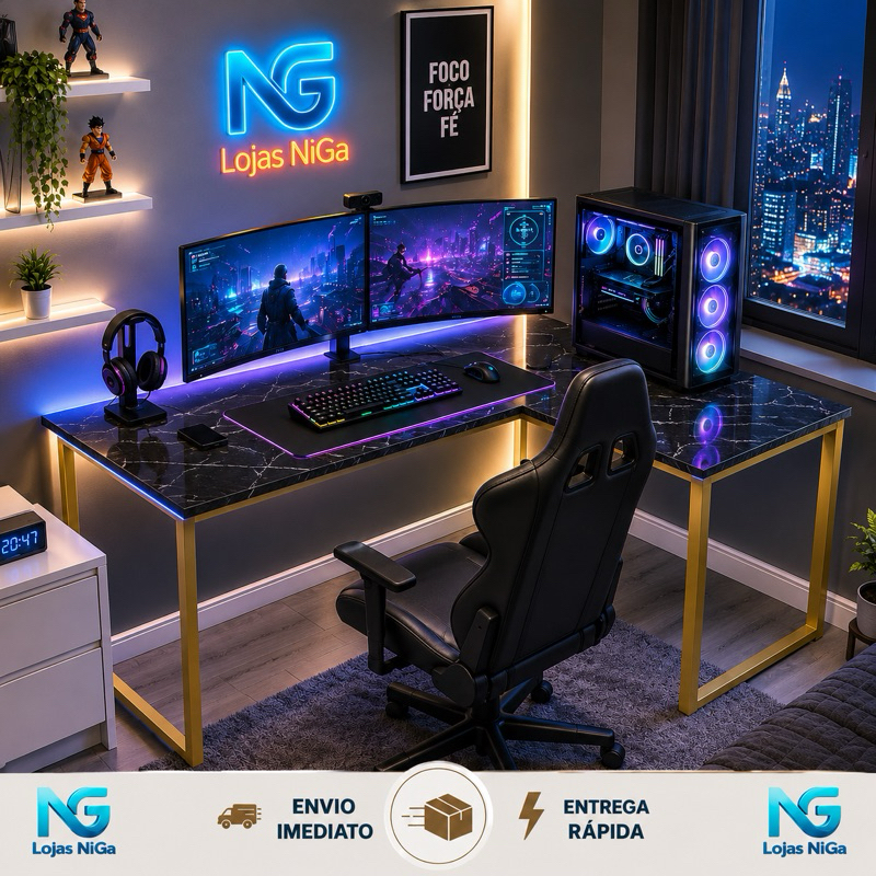 Mesa Em L Industrial Gamer Escrivaninha Estudare De Canto Ferro E Madeira 120CM Escritorio - Pes Dourado - MEGA PROMOCAO