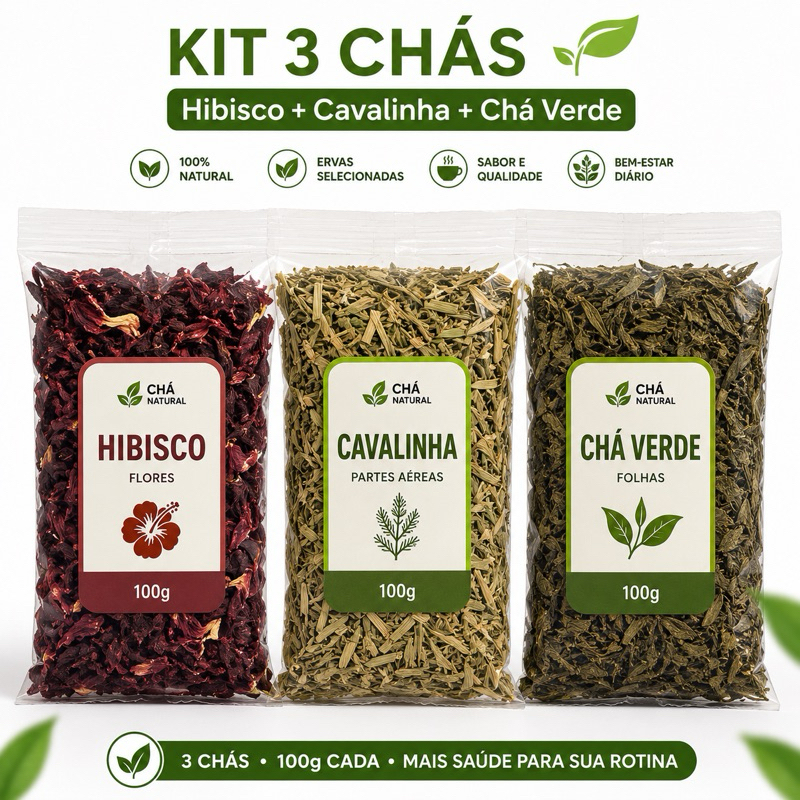 Kit 3 Chás Naturais Hibisco Cavalinha Chá Verde 100g Cada